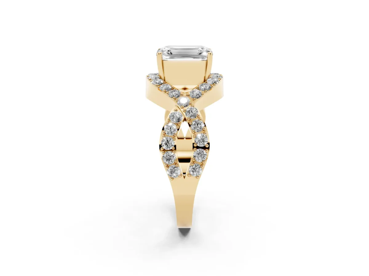 Emerald Cut Solitaire Twist Band Pavé Diamond Engagement Ring Yellow gold