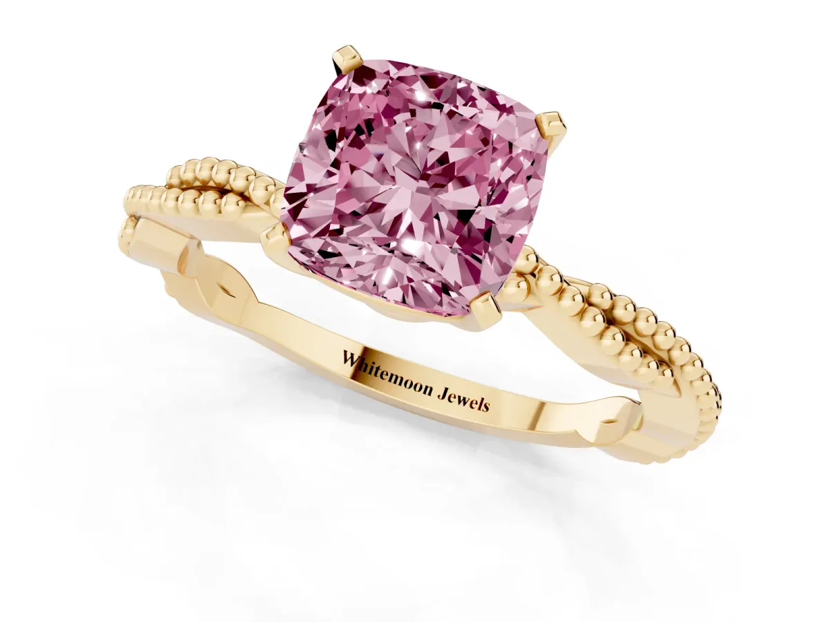 Fancy Pink Cushion Cut Solitaire Twisted Band with Bead Prong Setting Yellow gold