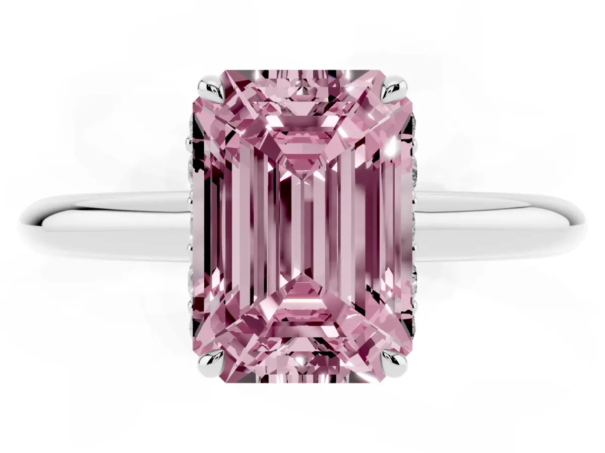 Fancy Pink Emerald Cut Brilliant Solitaire Engagement Ring with Six-Prong Setting and Classic Band White gold