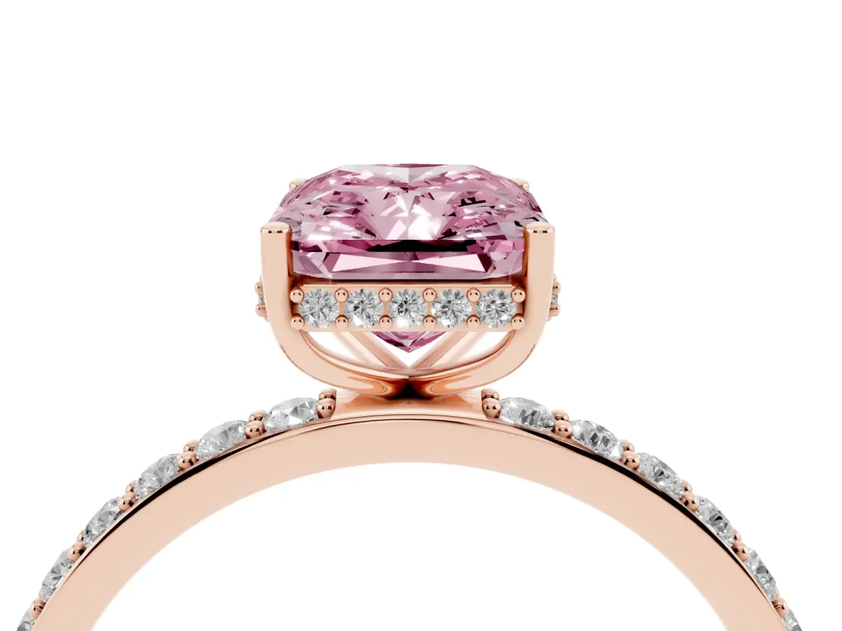 Fancy Pink Radiant Cut Diamond Solitaire Ring with Pavé Band and Hidden Halo Rose gold