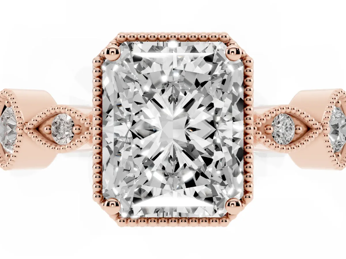 Radiant Cut Diamond Vintage Milgrain Ring with Round Stations Rose gold