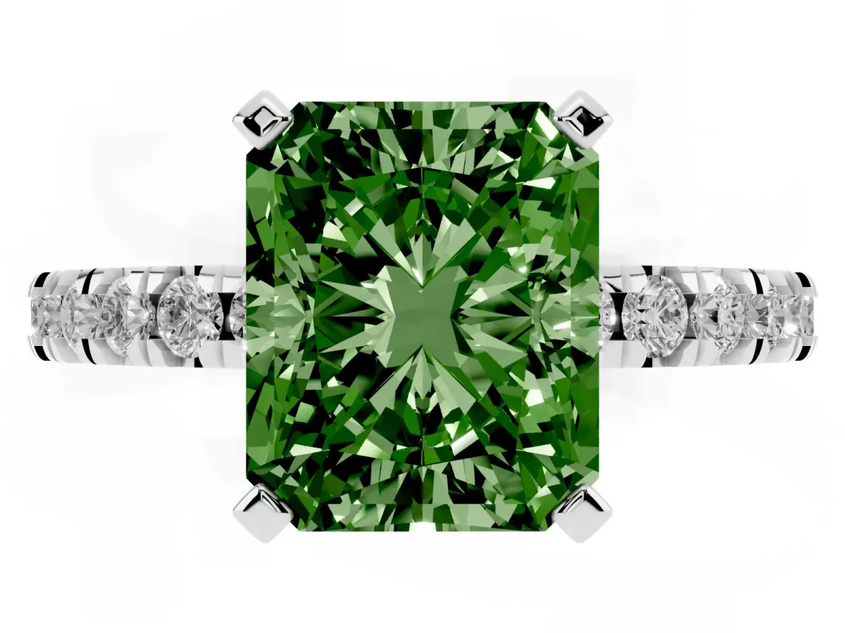 Fancy Green Radiant Cut Diamond Pavé Band Solitaire with Four-Prong Setting Silver
