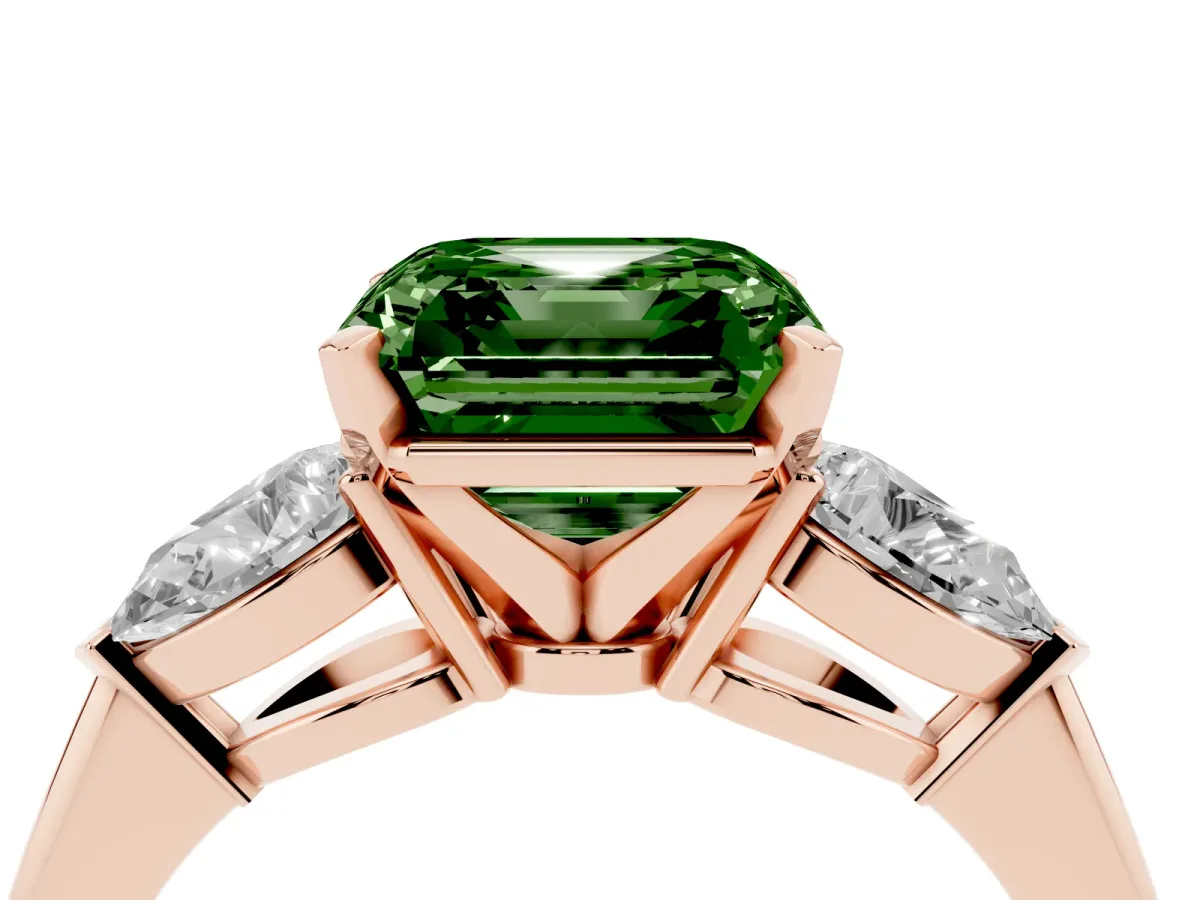 Fancy Green Three-Stone Asscher Cut Diamond Ring with Pear Side Stones and Four-Prong Setting Rose gold