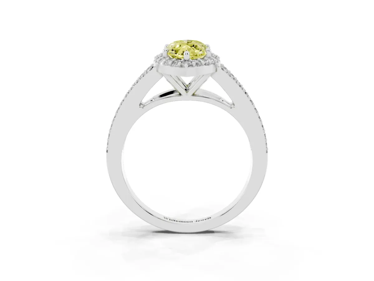 Fancy Yellow Marquise Cut Halo Split Shank Diamond Ring with Prong Setting Platinum