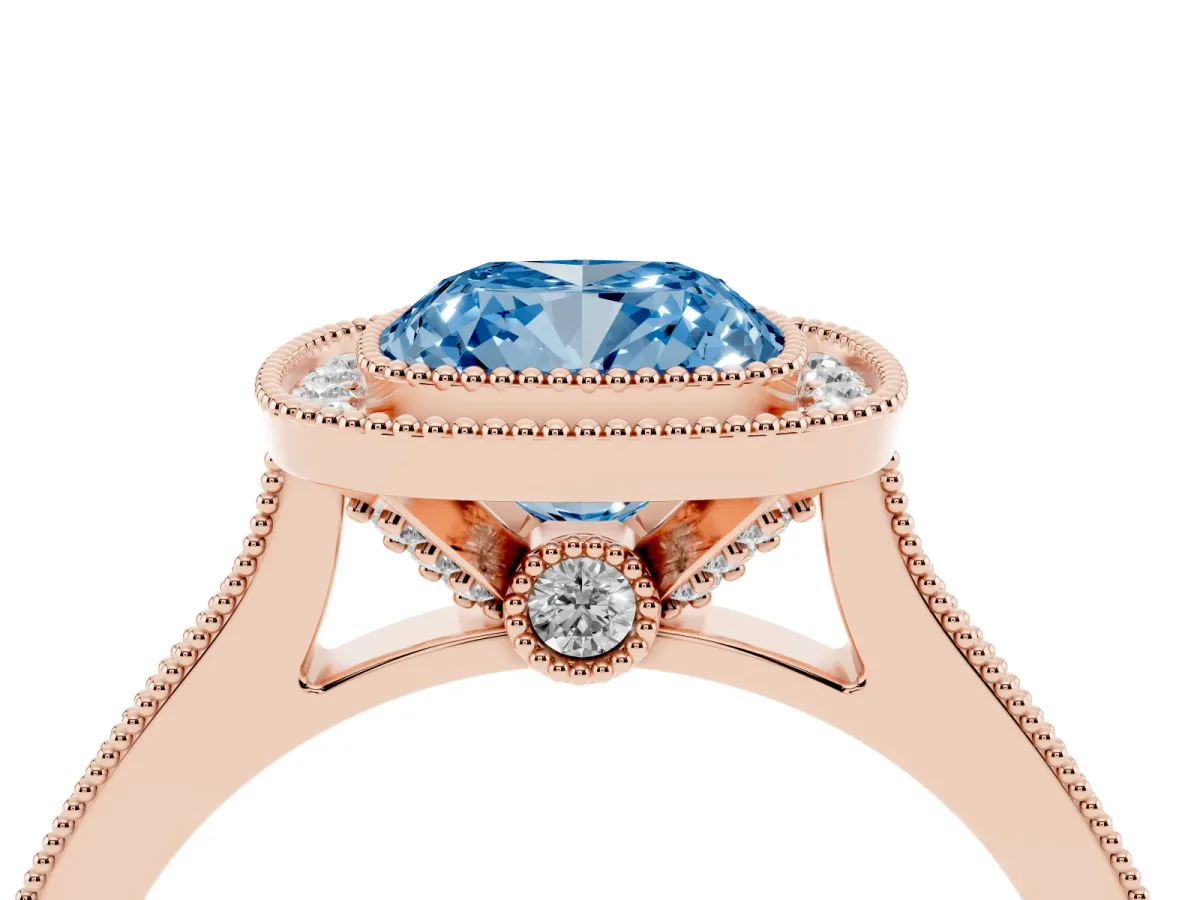 Fancy Blue Halo Cushion Cut-Cut Diamond Pave Band Milgrain Prong Setting Ring Rose gold