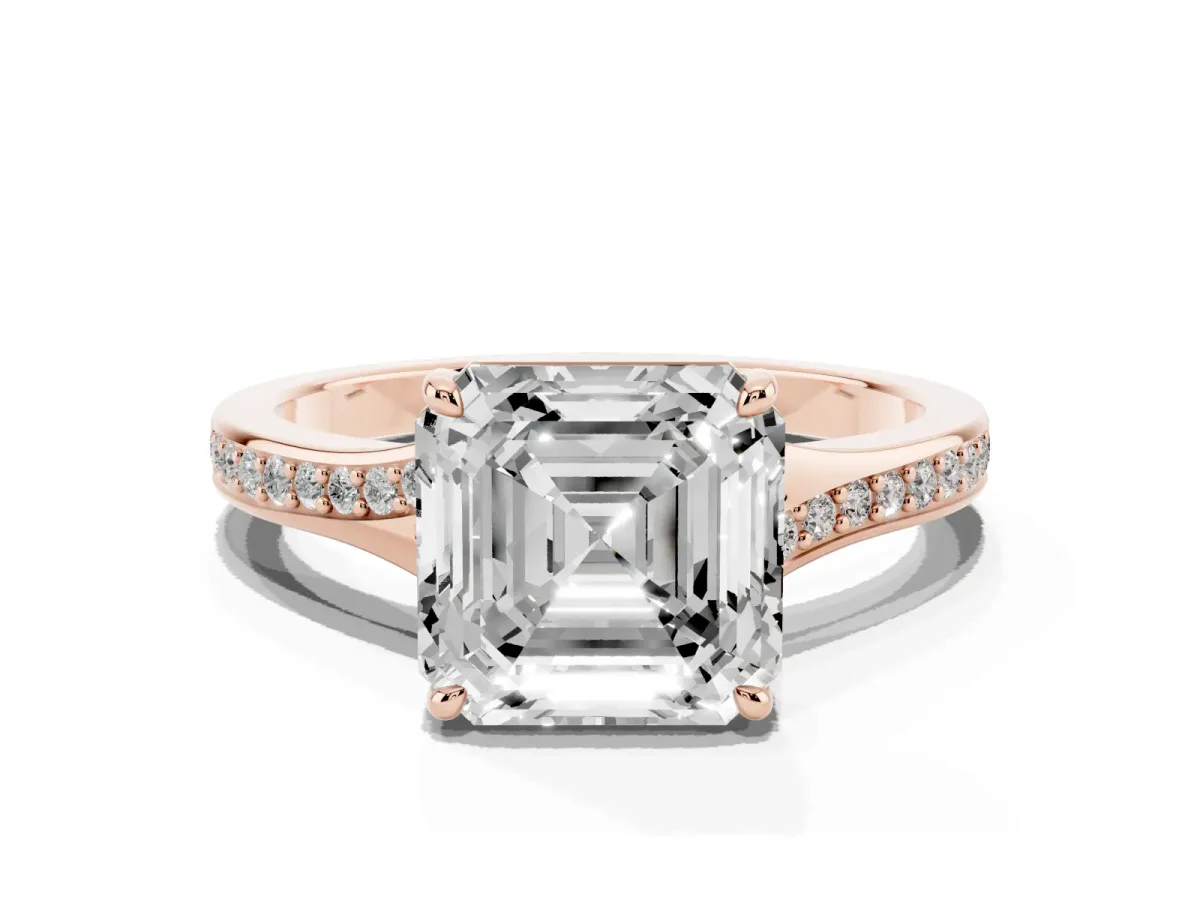 Asscher Cut Diamond Solitaire Ring with Pavé Band and Prong Setting Rose gold
