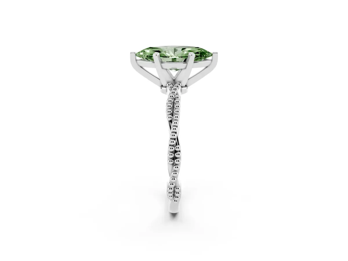 Fancy Green Marquise Cut Solitaire Twisted Band with Bead Prong Setting Platinum