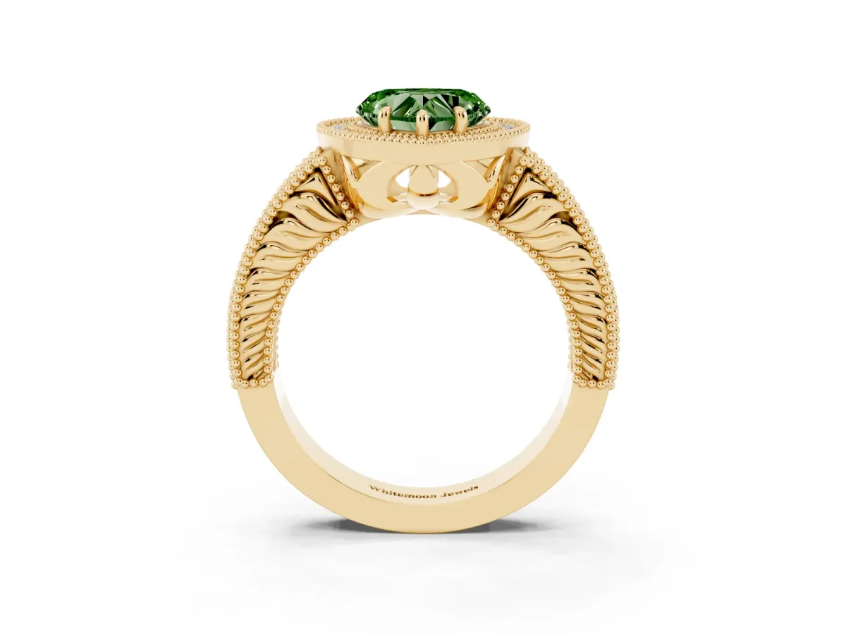 Fancy Green Heart Cut Cut Halo Diamond Ring with Pavé Band and Four-Prong Setting Yellow gold
