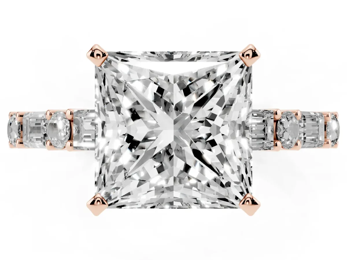 Princess Cut Diamond Solitaire with Side Baguettes and Channel Set Band Rose gold