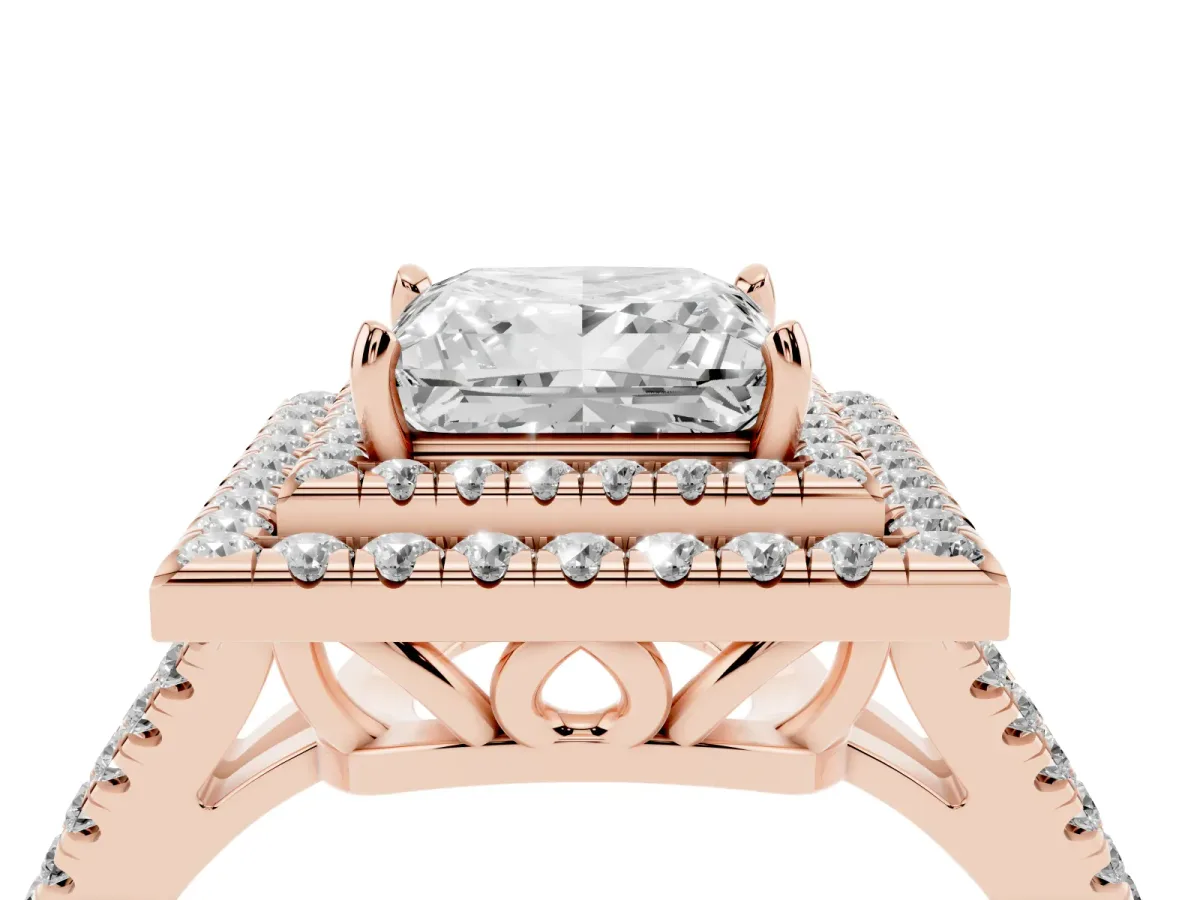 Princess Cut Diamond Double Halo Ring with Pavé Band and Prong Setting Rose gold