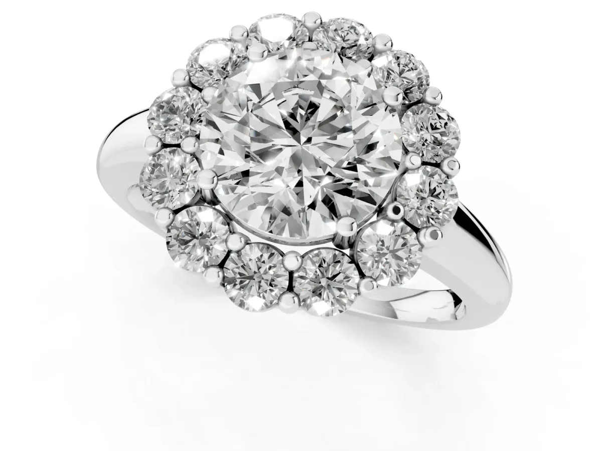 Round Cut Halo Cluster Diamond Engagement Ring with Prong Setting and Polished Band Silver