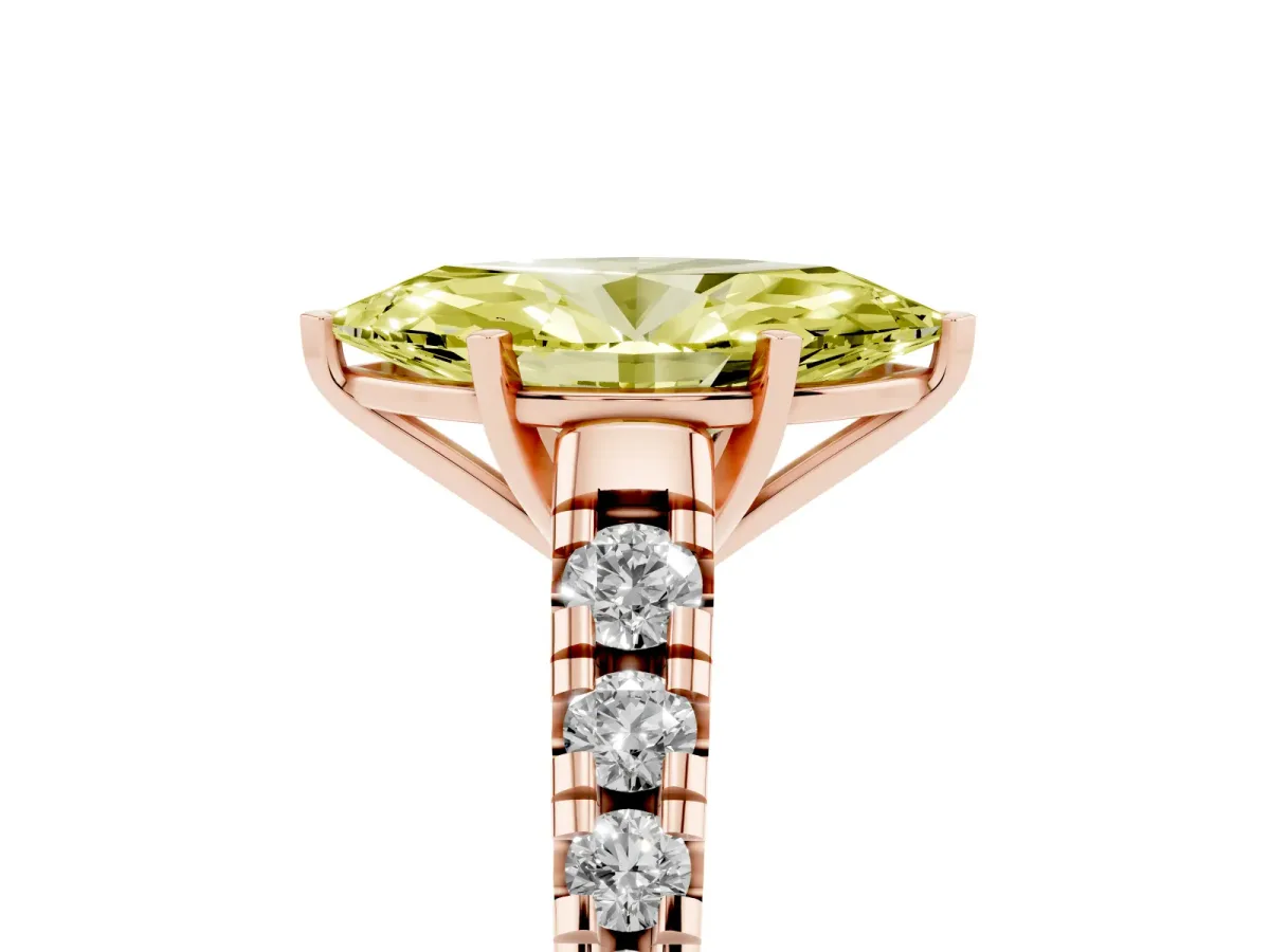 Fancy Yellow Marquise Cut Diamond Cathedral Solitaire Ring with Round Pavé Band Rose gold