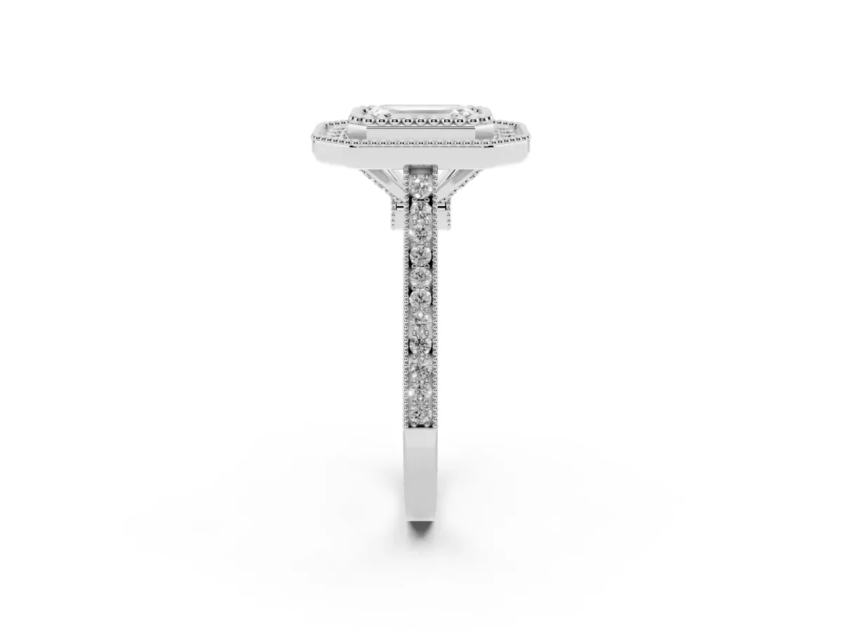 Emerald Cut Diamond Halo Ring with Milgrain Frame and Pavé Band Silver
