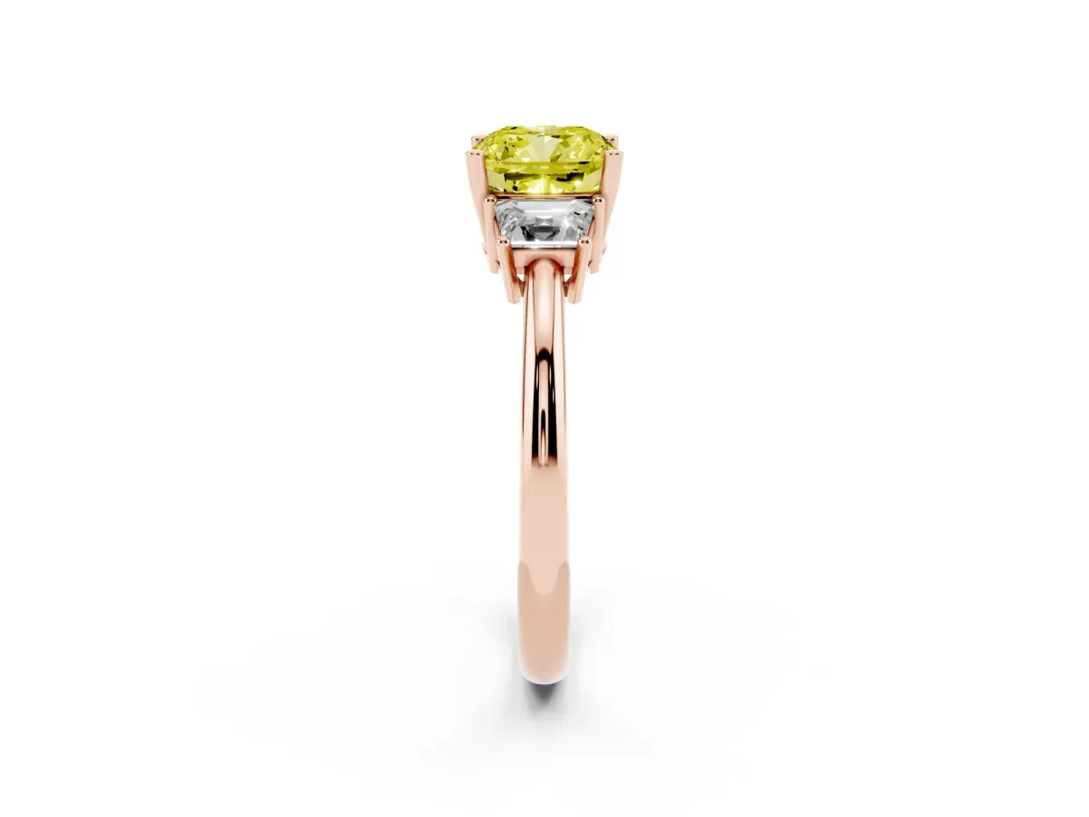Fancy Yellow Cushion Cut Diamond Three-Stone Ring with Trapezoid Side Stones and Prong Setting Rose gold