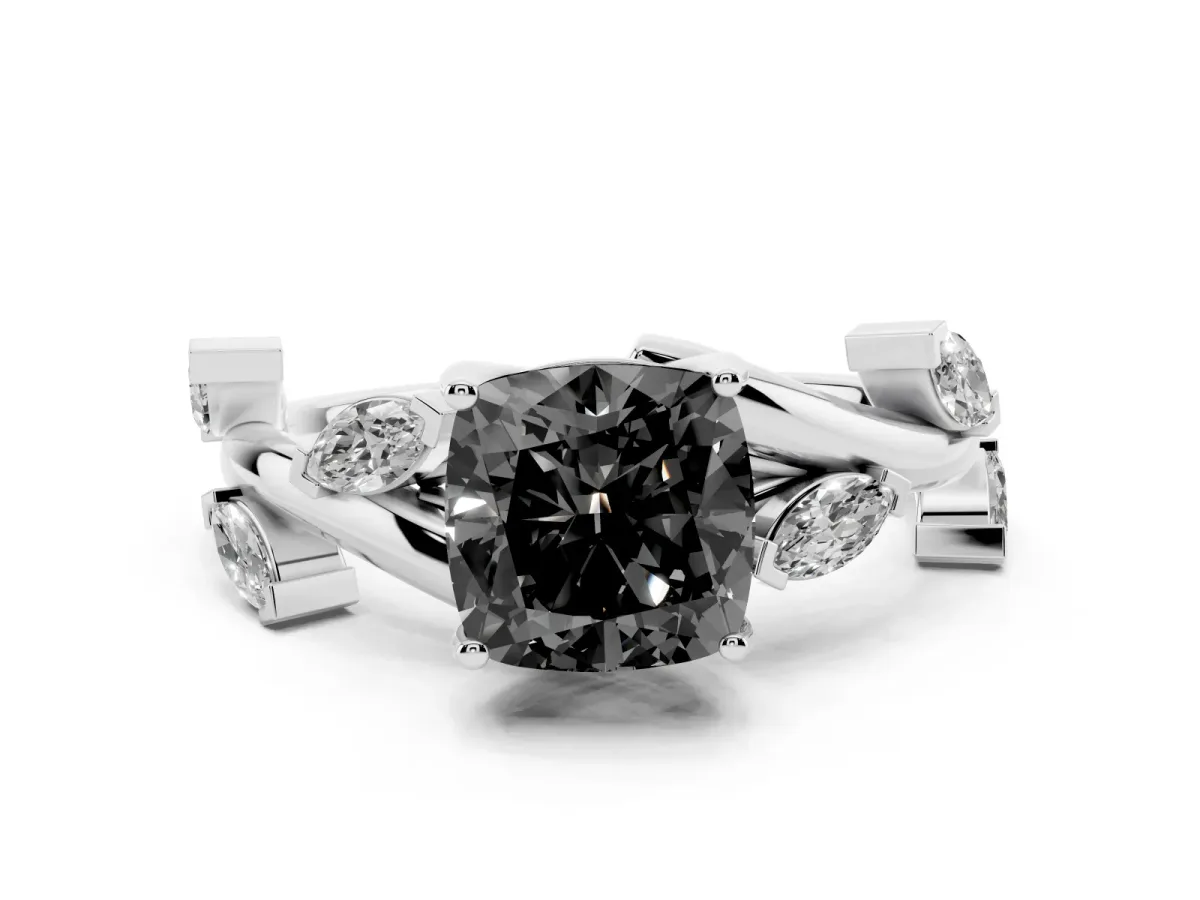 Fancy Black Cushion Cut Solitaire Twisted Band Marquise Accent Prong Setting Ring Platinum