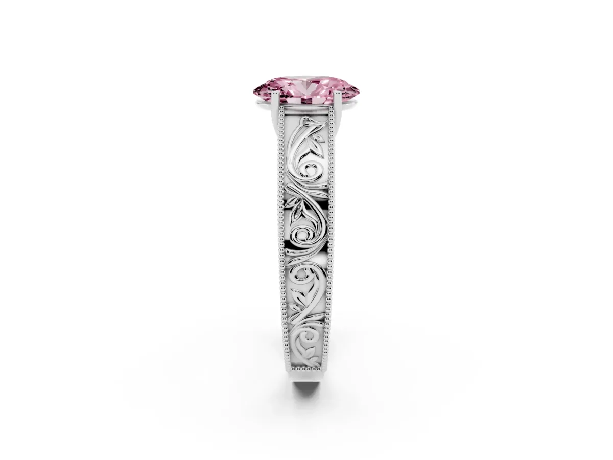 Fancy Pink Oval Cut Diamond Solitaire Ring with Engraved Band and Four-Prong Setting Silver