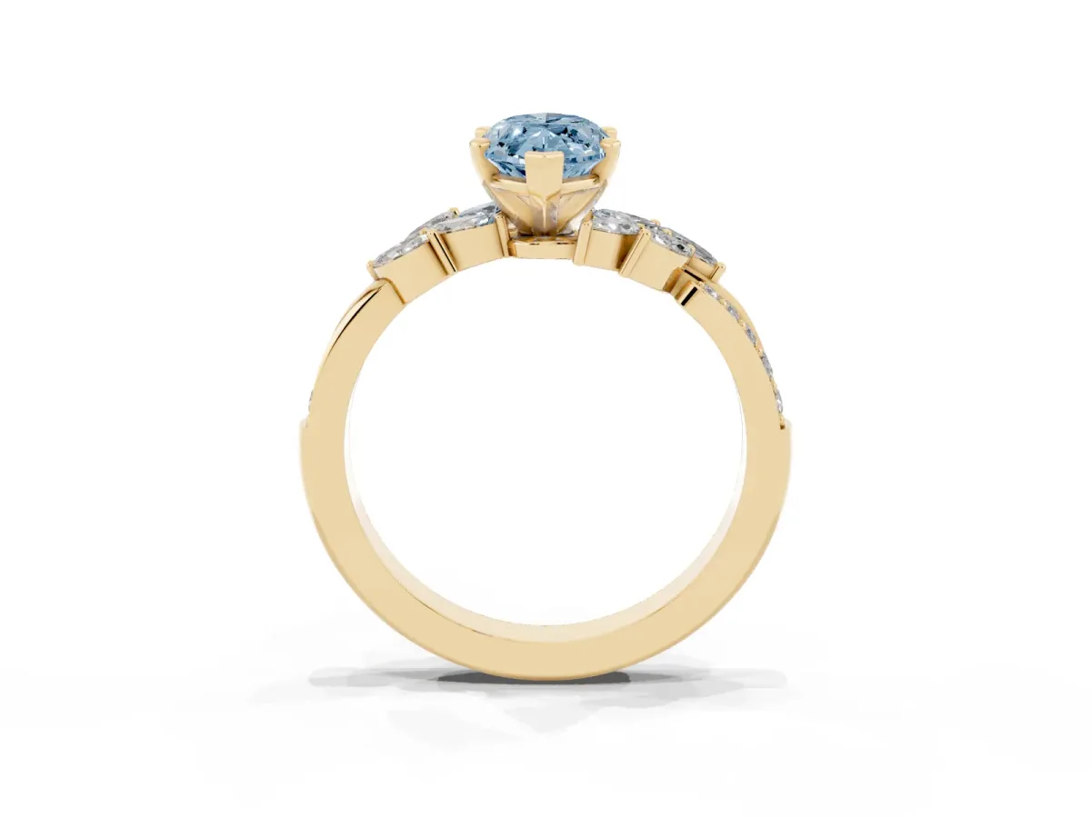 Fancy Blue Marquise Cut Solitaire Marquise Twist Band with Six-Prong Setting Yellow gold