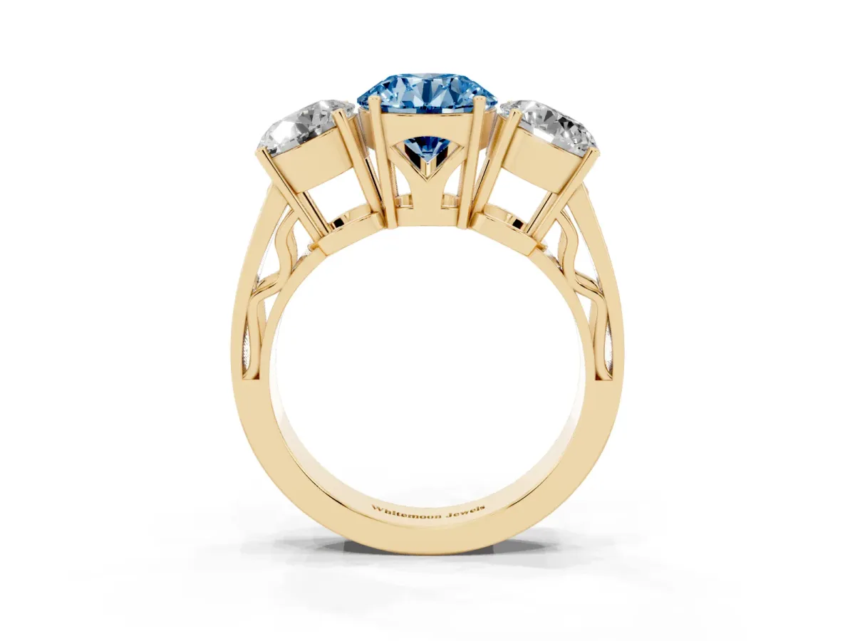 Fancy Blue Round Cut Diamond Three-Stone Ring with Prong Setting and Textured Band Yellow gold