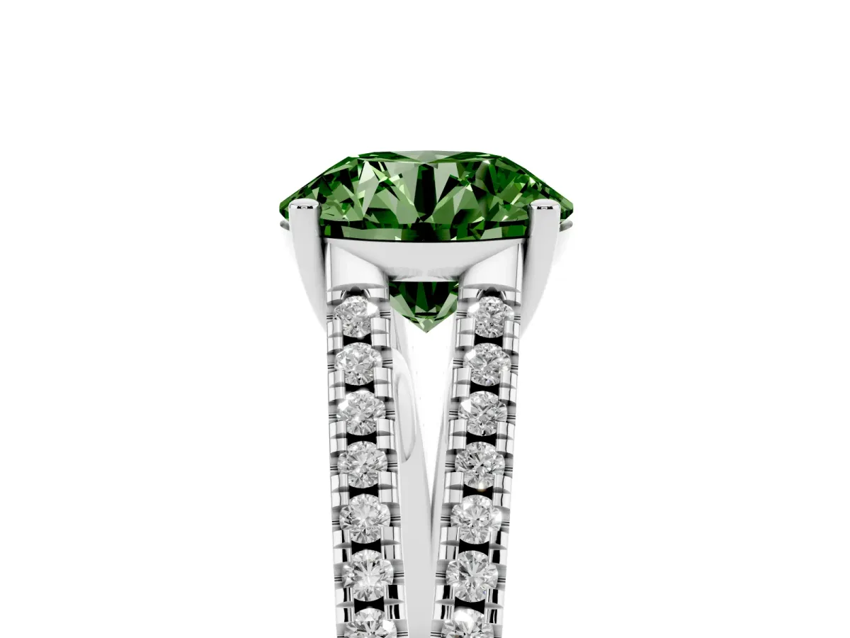 Fancy Green Round Cut Diamond Solitaire Engagement Ring with Split Shank Pavé Band Platinum