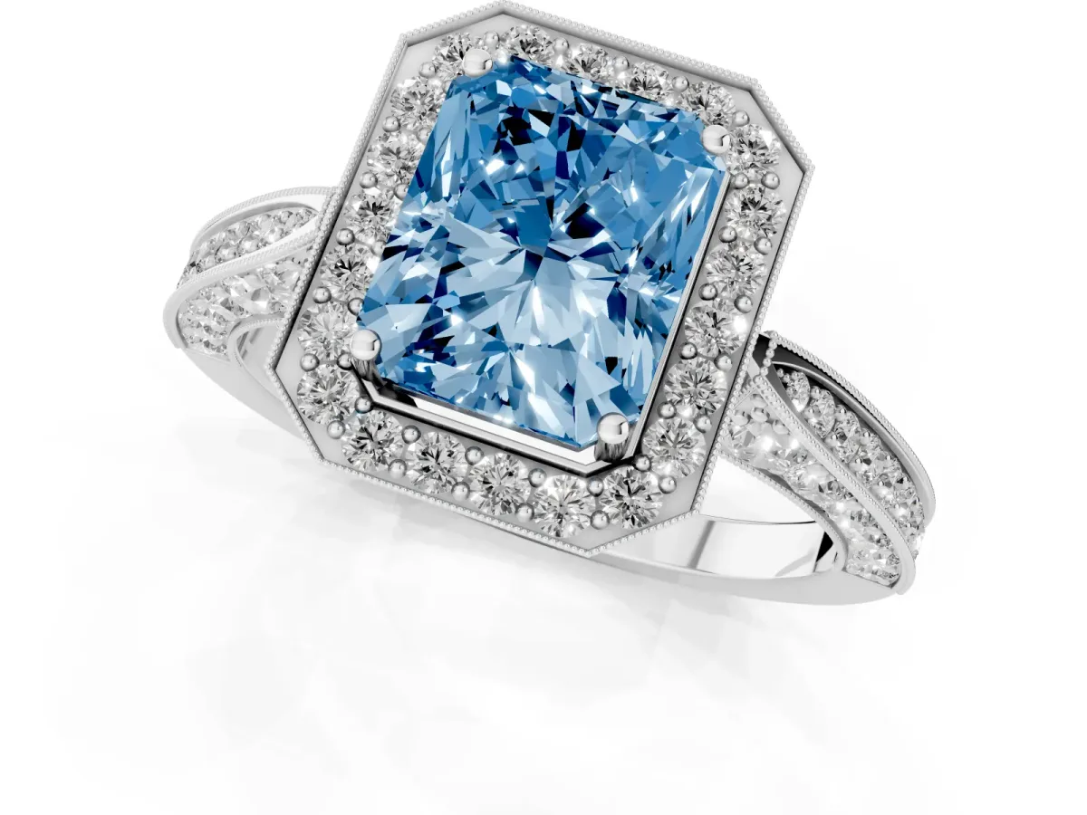 Fancy Blue Radiant Cut Halo Diamond Engagement Ring with Split Shank Band and Four-Prong Setting Silver