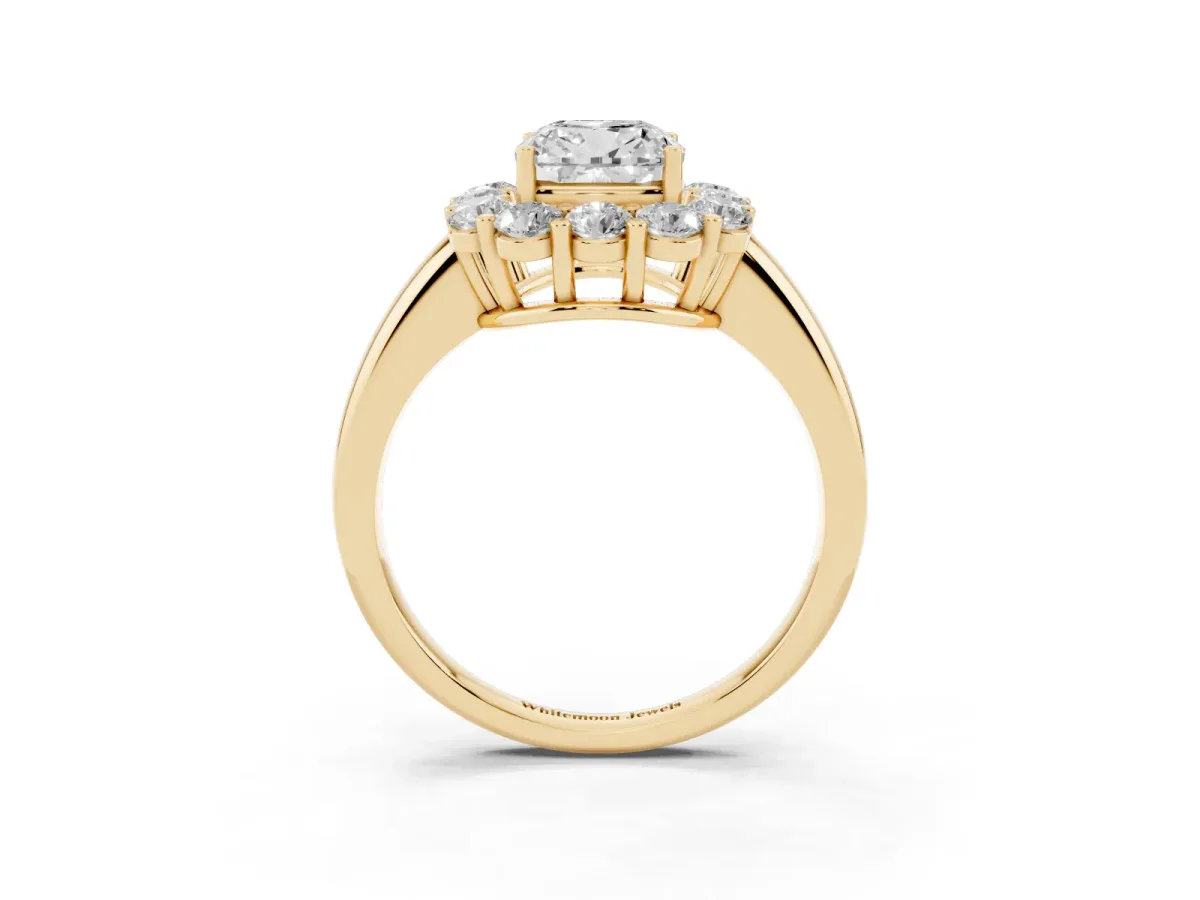 Cushion Cut Halo Cluster Diamond Engagement Ring with Prong Setting and Polished Band Yellow gold