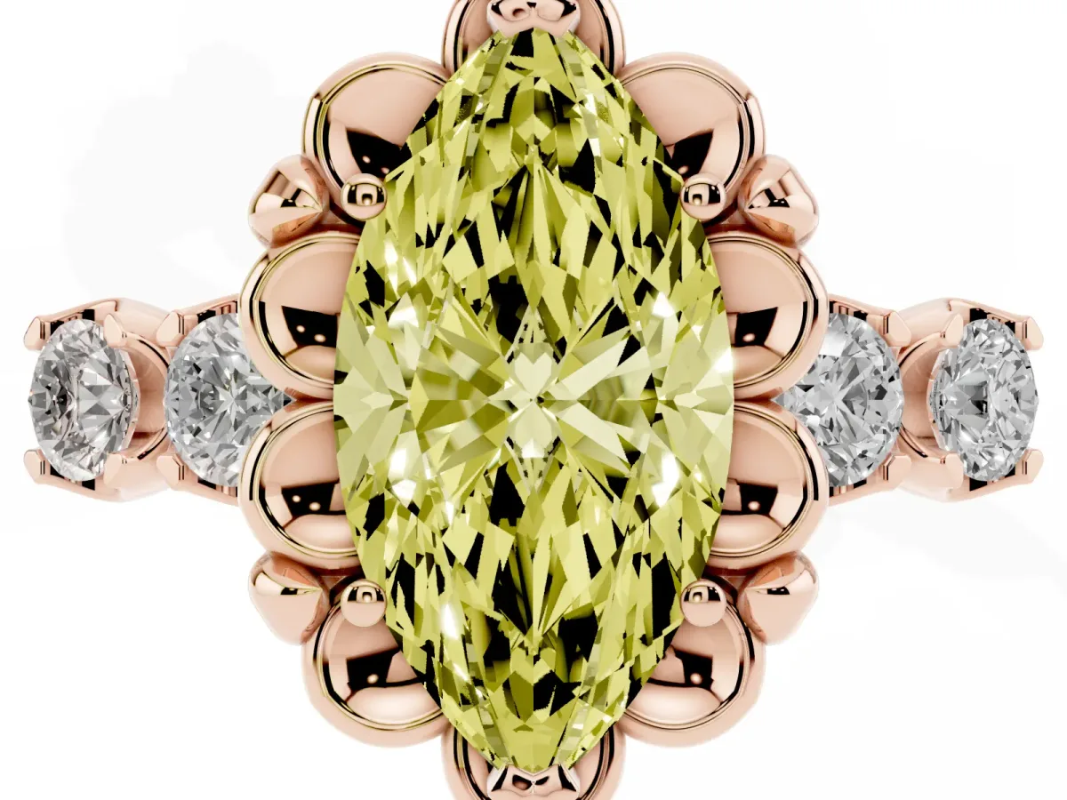 Fancy Yellow Marquise Cut Cut Diamond Floral Halo Engagement Ring with Shared Prong Setting Rose gold