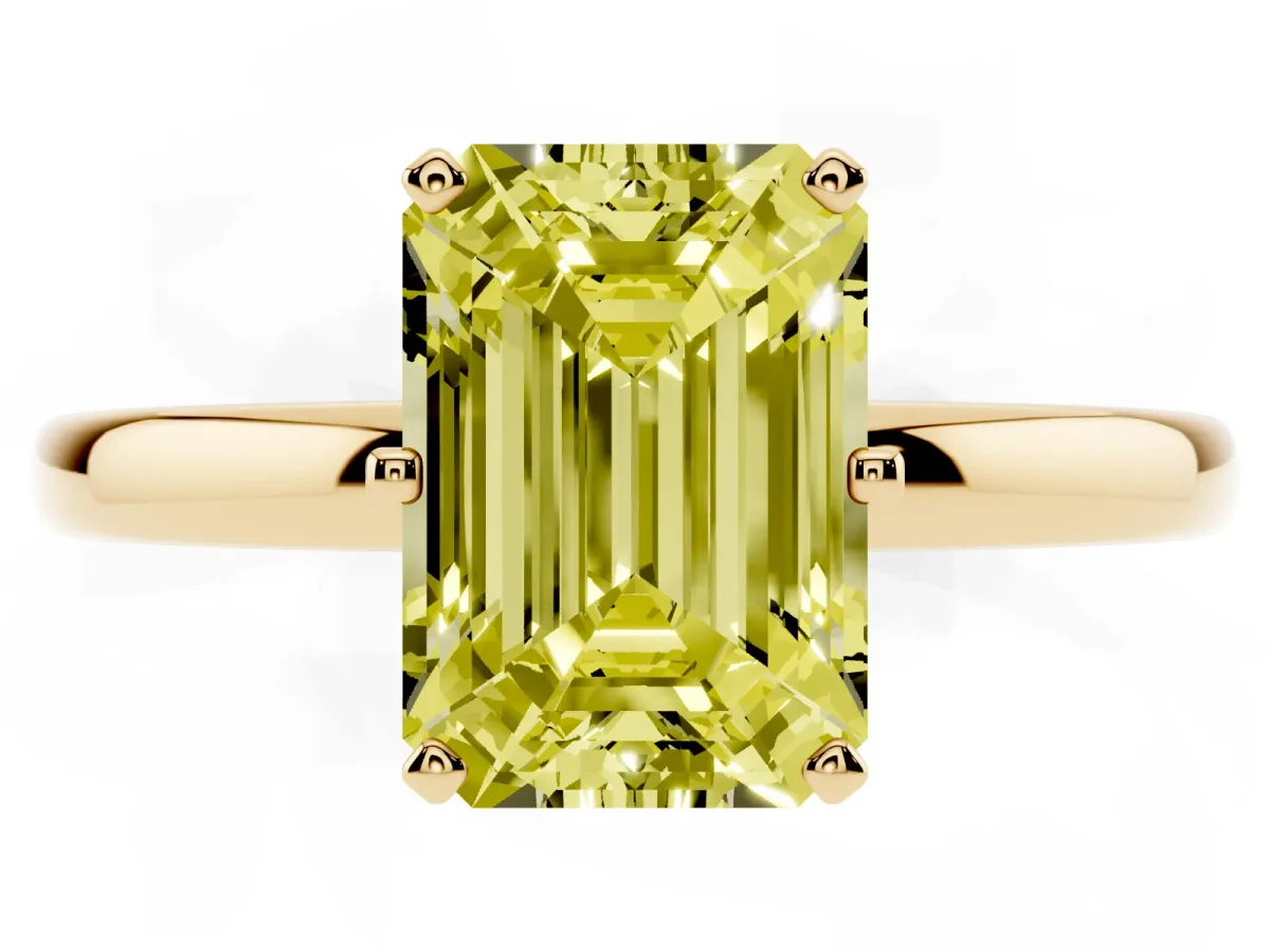 Fancy Yellow Emerald Cut Solitaire Diamond Ring with Six-Prong Setting on a Classic Band Yellow gold