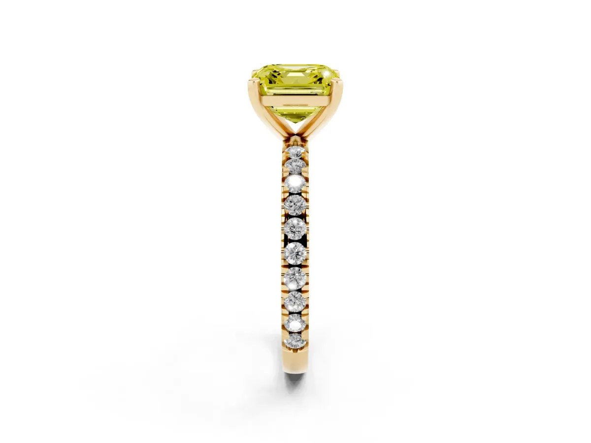 Fancy Yellow Asscher Cut Diamond Pavé Band Solitaire with Four-Prong Setting Yellow gold