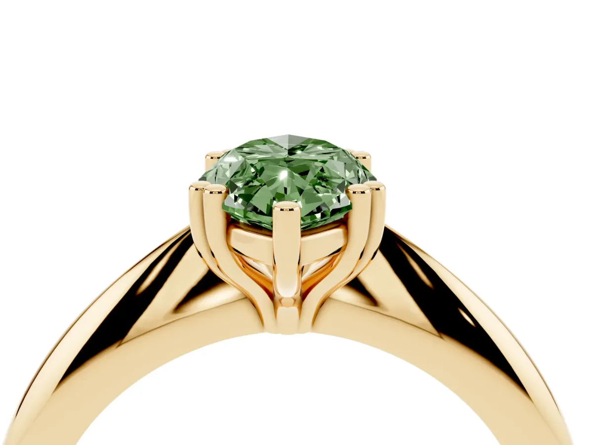 Fancy Green Marquise Cut Cut Solitaire Engagement Ring with Tapered Band and Four-Prong Setting Yellow gold