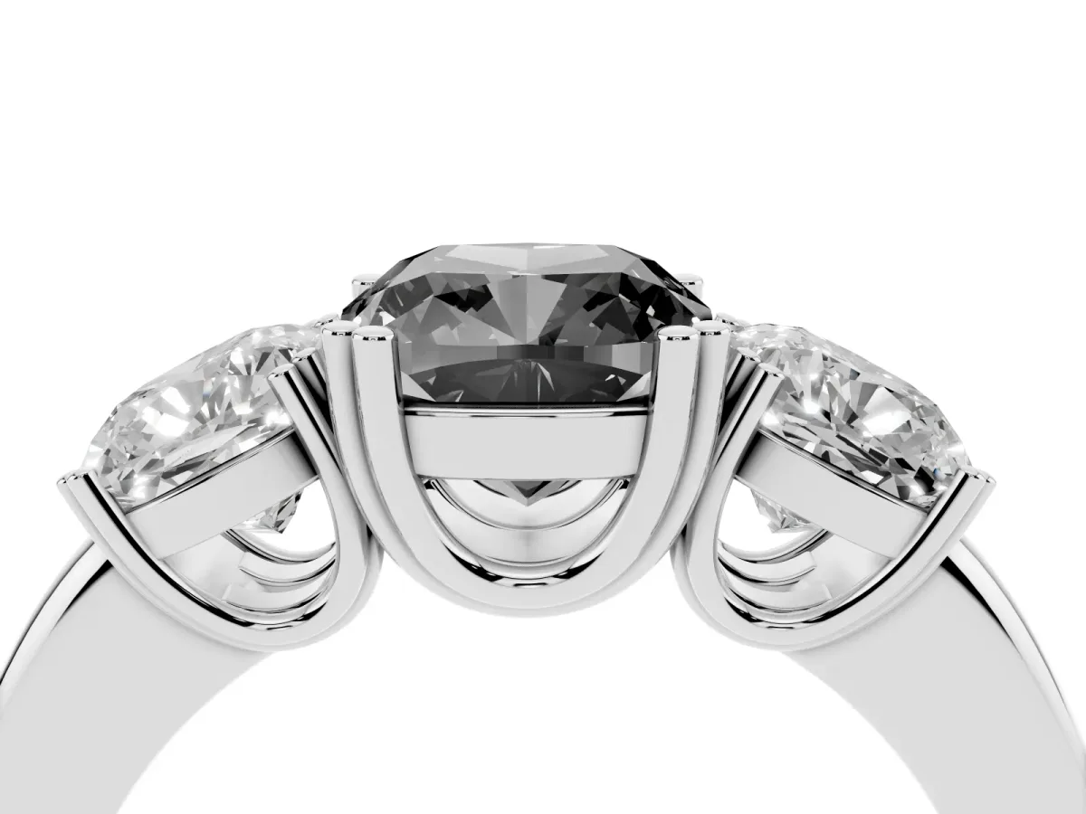 Fancy Black Three-Stone Cushion Cut Cut Diamond Ring with Channel Set Band and Four-Prong Setting Silver
