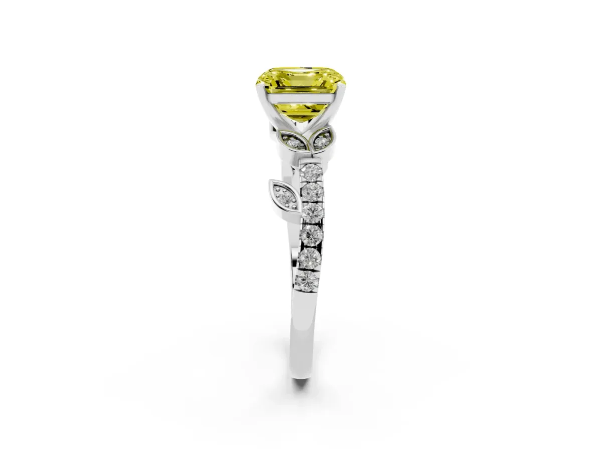 Fancy Yellow Asscher Cut Solitaire Leaf-Inspired Diamond Ring with Pavé Band and Four-Prong Setting White gold