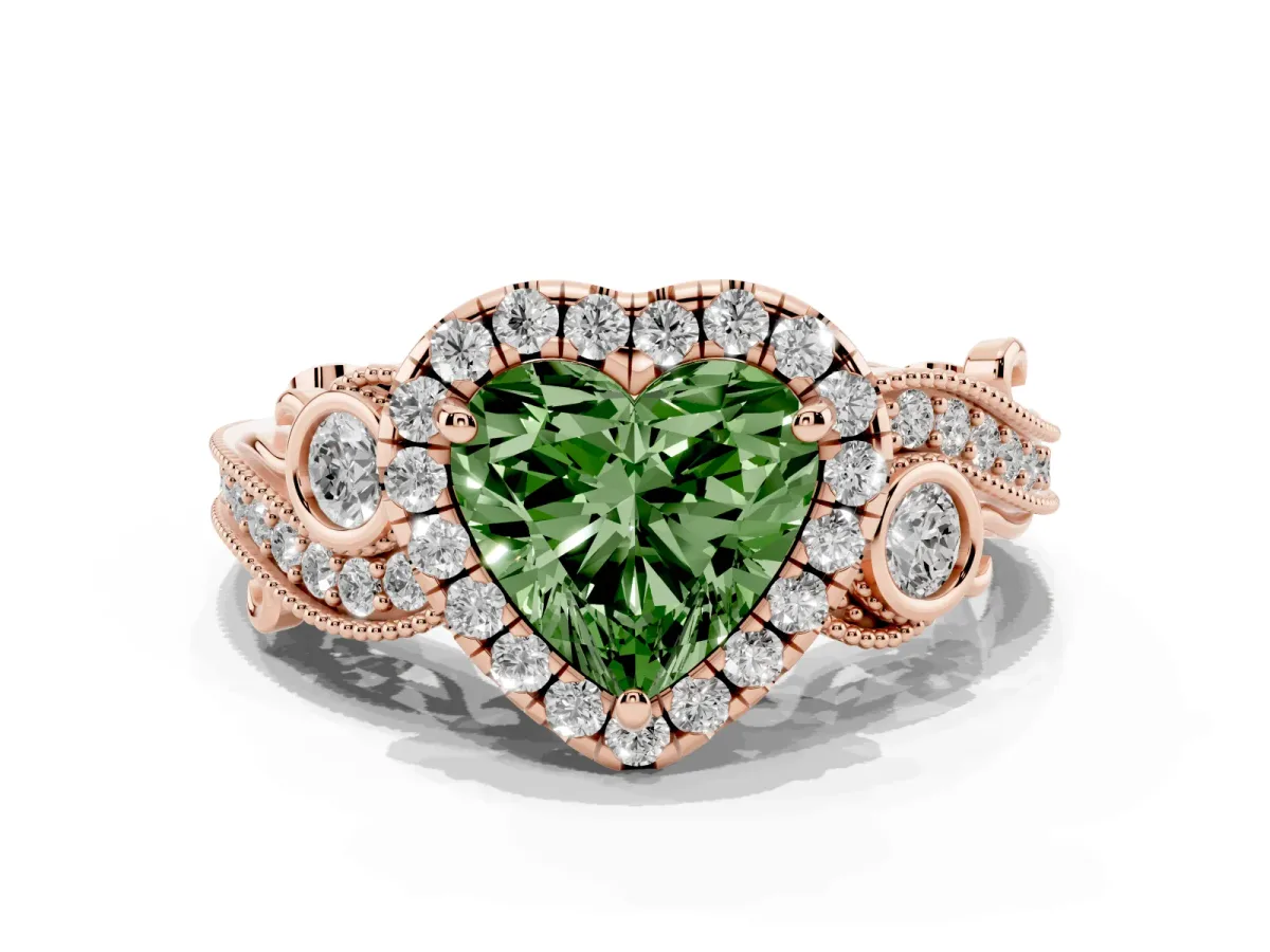 Fancy Green Heart Cut Halo Diamond Ring with Milgrain and Bezel Accents on a Split Shank Band Rose gold