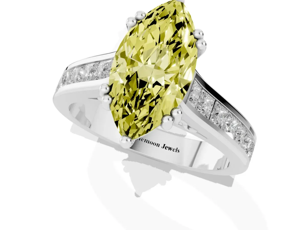 Fancy Yellow Marquise Cut Cut Channel Set Solitaire Engagement Ring with Prong Setting Silver