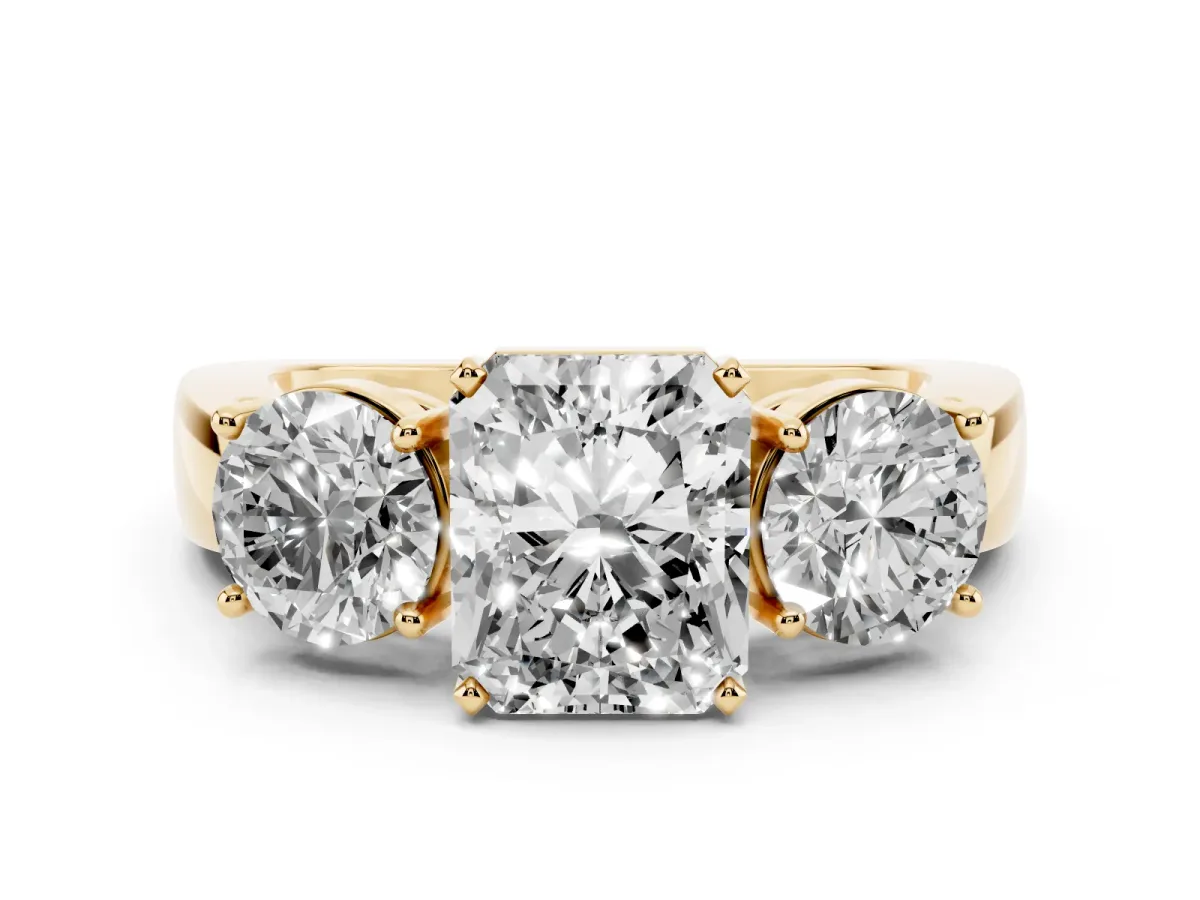 Three-Stone Radiant Cut Diamond Ring with Round Side Stones, Classic Band, and Four-Prong Setting Yellow gold