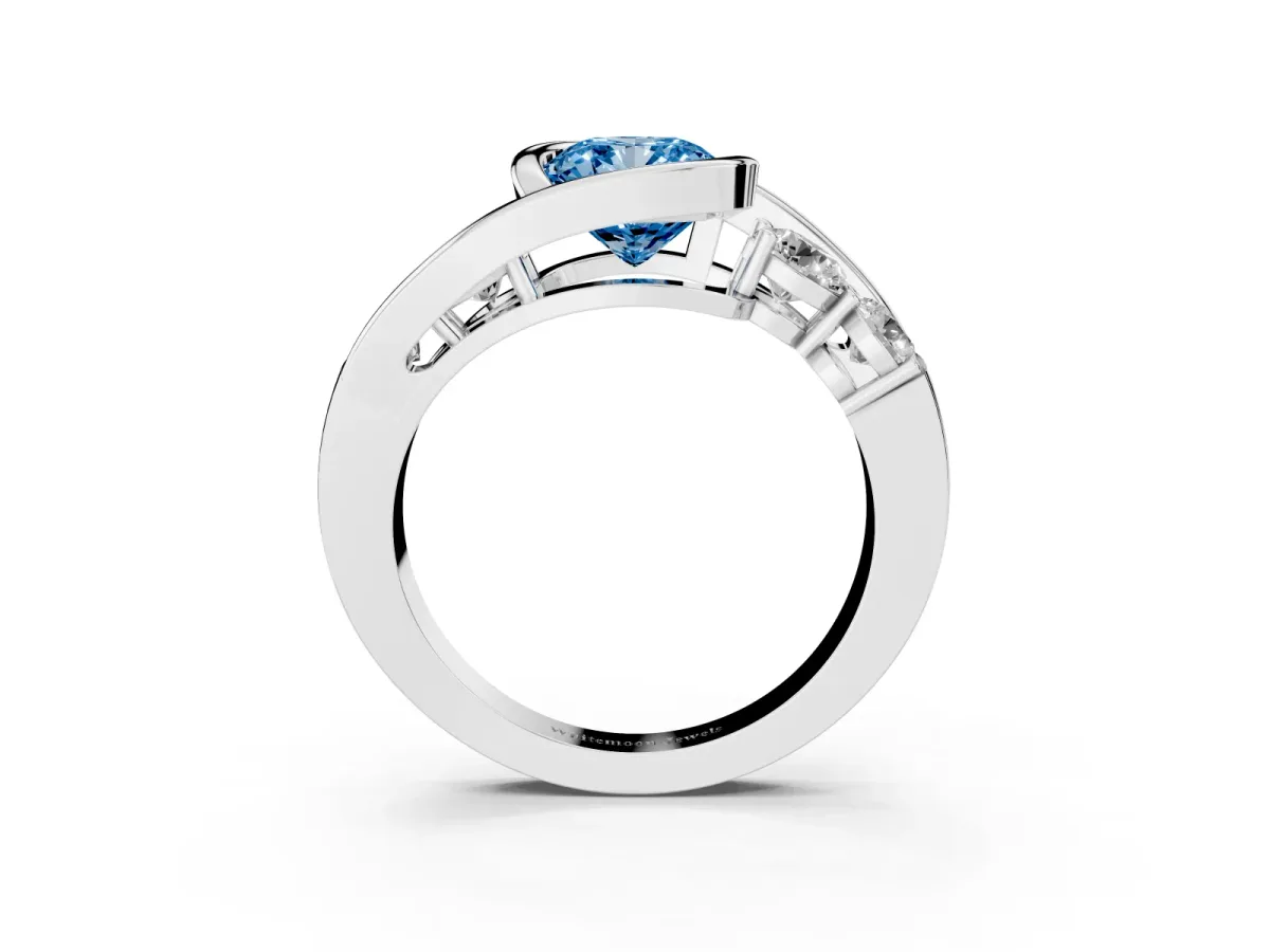 Fancy Blue Bezel Set Cushion Cut Diamond Bypass Ring with Round Accents Silver