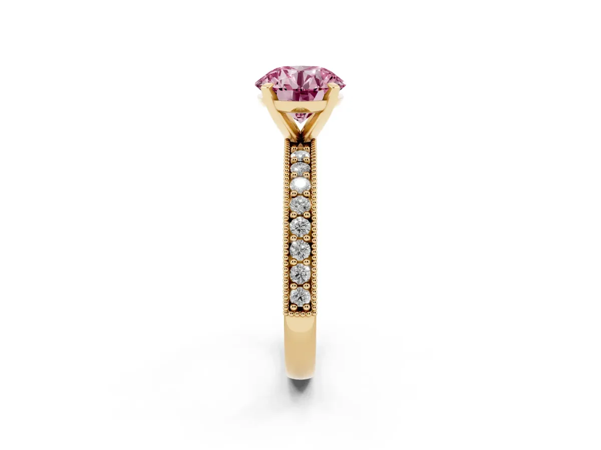 Fancy Pink Round Cut Diamond Milgrain Pavé Engagement Ring with Four-Prong Setting Yellow gold