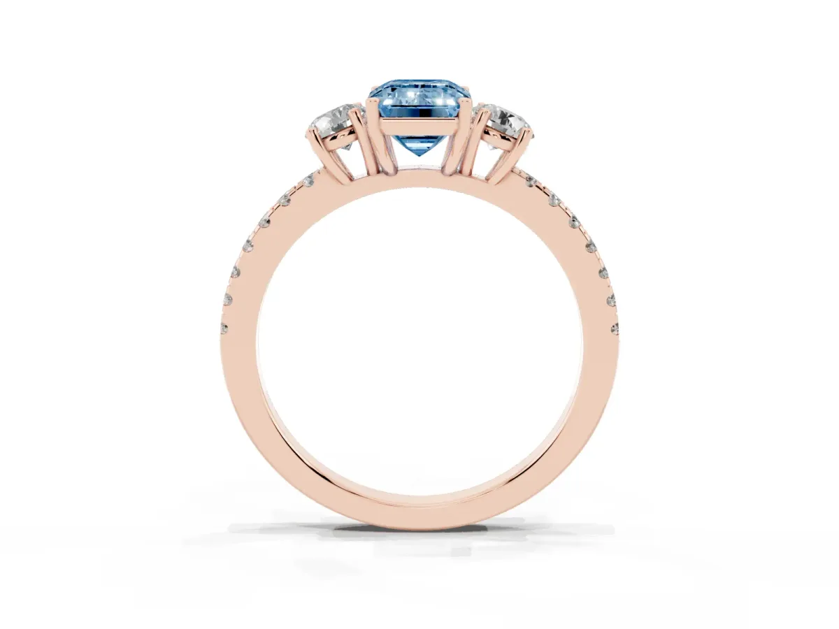 Fancy Blue Three-Stone Emerald Cut Cut Diamond Pavé Band with Prong Setting Rose gold