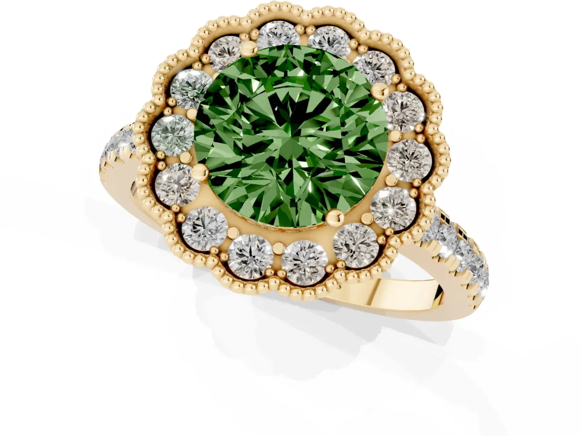 Fancy Green Round Cut Cut Diamond Milgrain Floral Halo Engagement Ring with Pavé Band Yellow gold