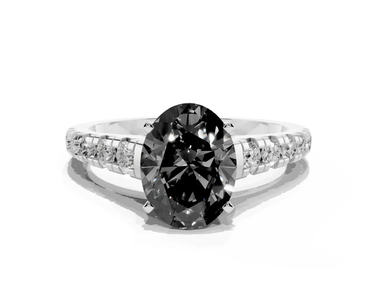 Fancy Black Oval Cut Diamond Cathedral Solitaire Ring with Round Pavé Band Silver