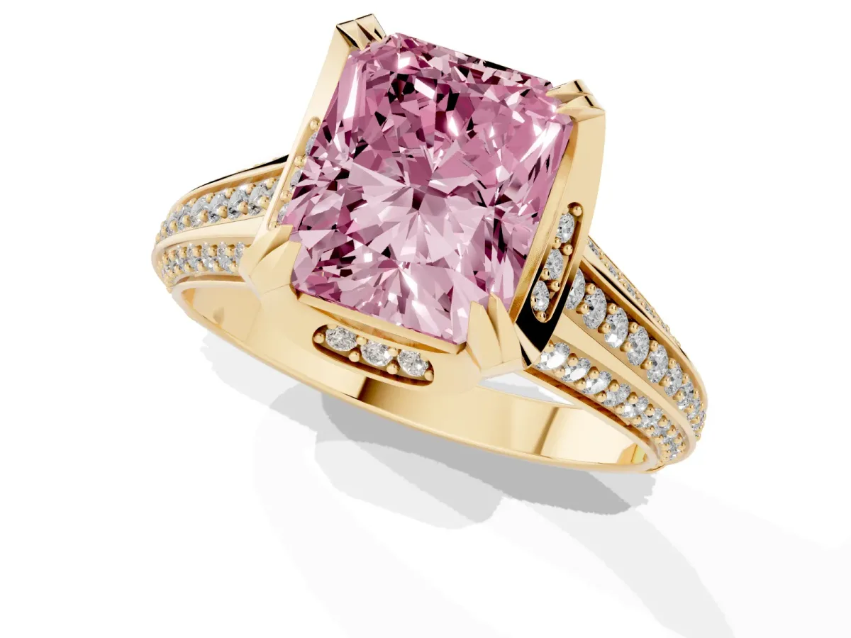 Fancy Pink Radiant Cut Solitaire Pave Split Shank Ring with Four-Prong Setting Yellow gold