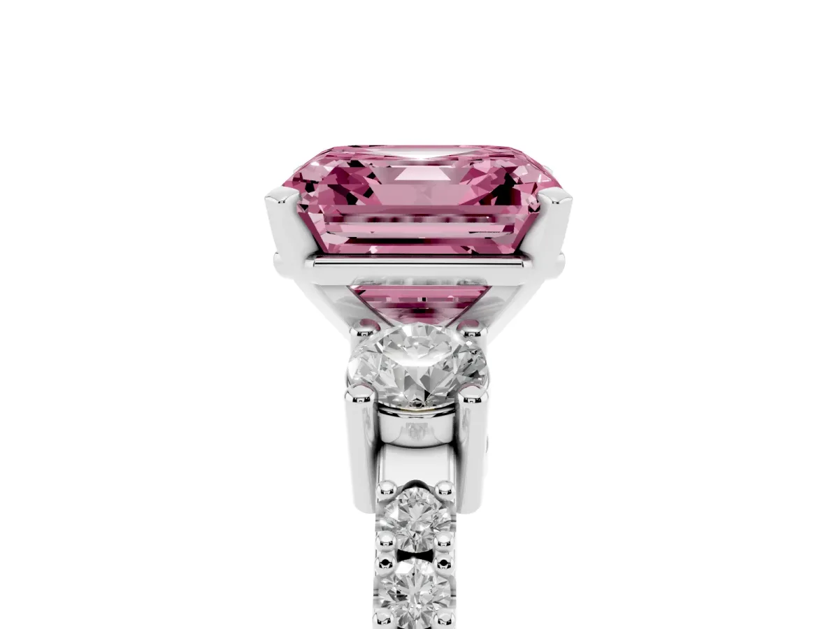 Fancy Pink Asscher Cut Three-Stone Diamond Pavé Band with Prong Setting Silver