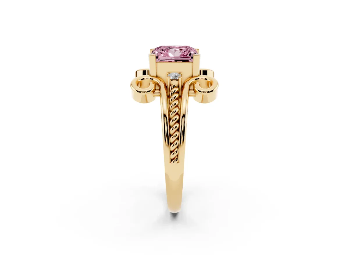 Fancy Pink Princess Cut Solitaire Twisted Band Scroll Prong Ring Yellow gold