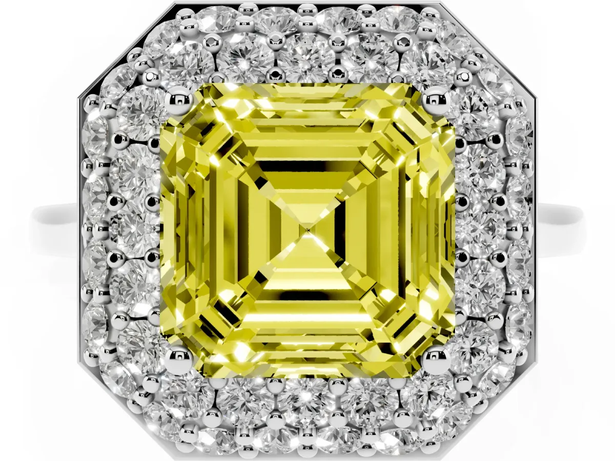 Fancy Yellow Asscher Cut Halo Diamond Engagement Ring with Solitaire Band and Four-Prong Setting Silver