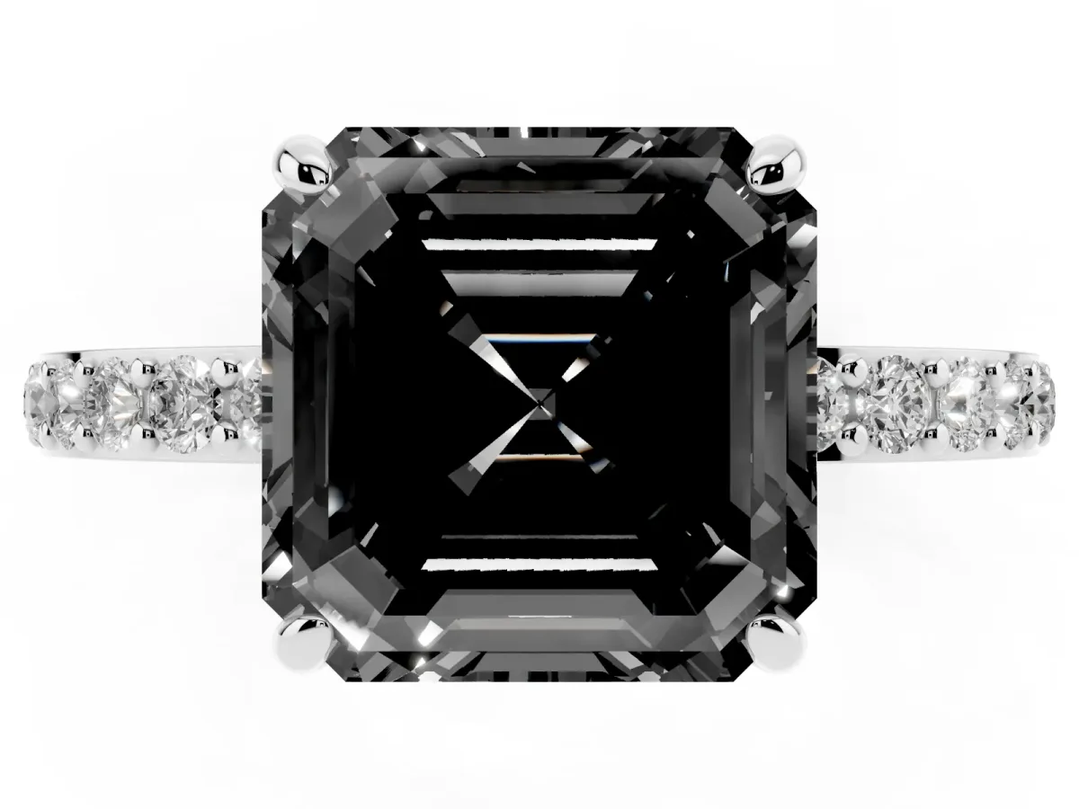 Fancy Black Asscher Cut Diamond Solitaire Engagement Ring with Pavé Band and Four-Prong Setting Platinum