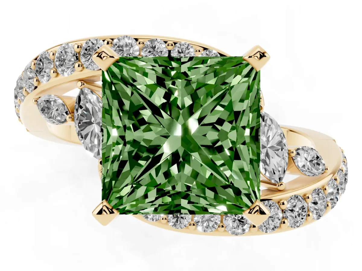 Fancy Green Princess Cut Solitaire with Pavé Twist Band and Four-Prong Setting Yellow gold