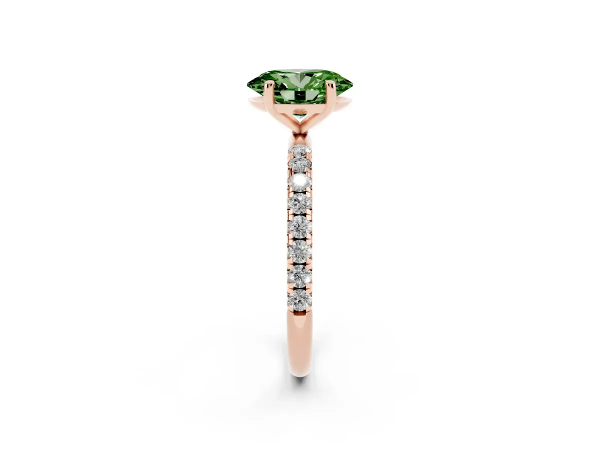 Fancy Green Oval Cut Cut Diamond Solitaire Ring with Micro Pave Band and Four Prong Setting Rose gold
