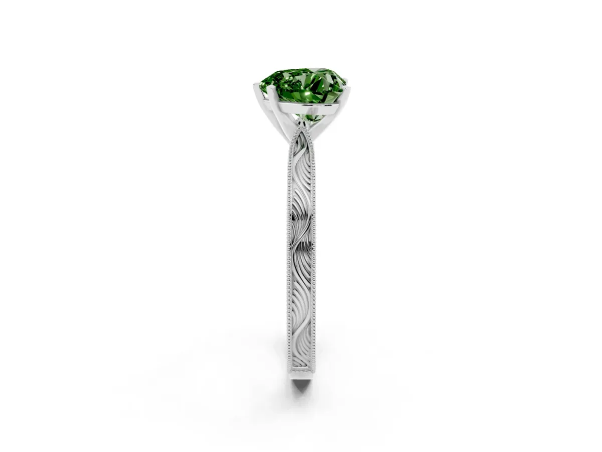 Fancy Green Heart Cut Solitaire Milgrain Engraved Band with Four-Prong Setting Silver
