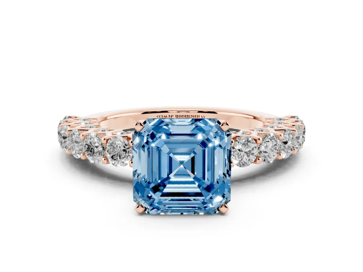 Fancy Blue Asscher Cut Diamond Solitaire Ring with Shared Prong Pavé Band and Four-Prong Setting Rose gold