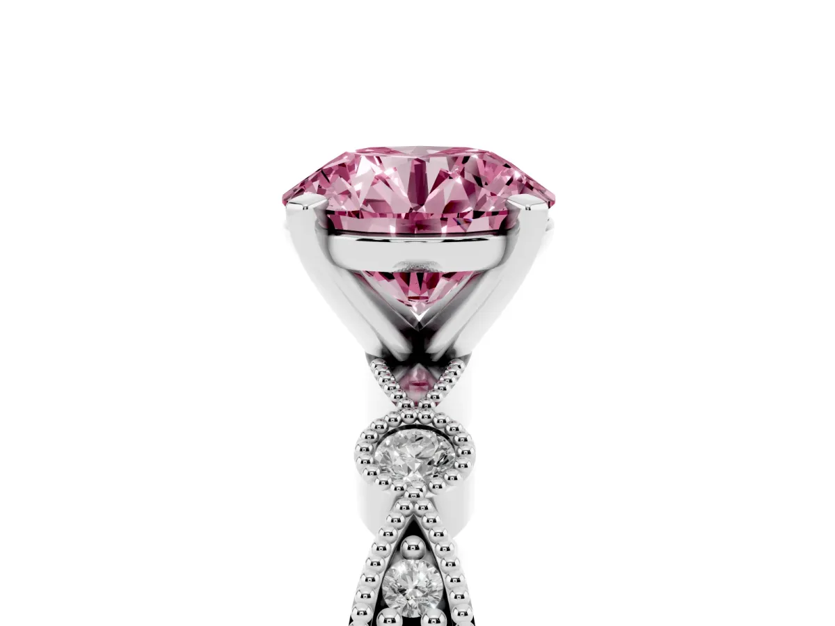 Fancy Pink Round Cut Milgrain Bezel Diamond Engagement Ring with Solitaire Prong Setting Silver