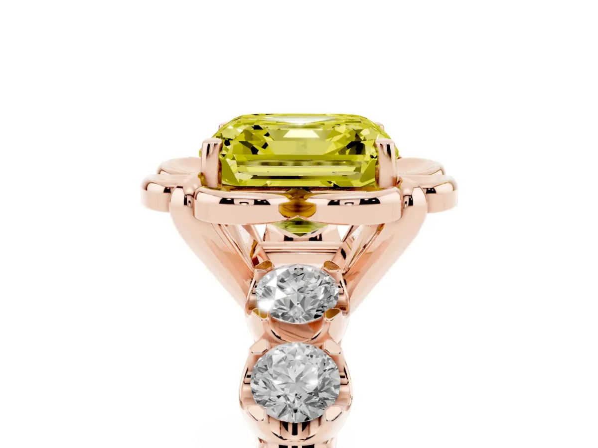 Fancy Yellow Asscher Cut Cut Diamond Floral Halo Engagement Ring with Shared Prong Setting Rose gold
